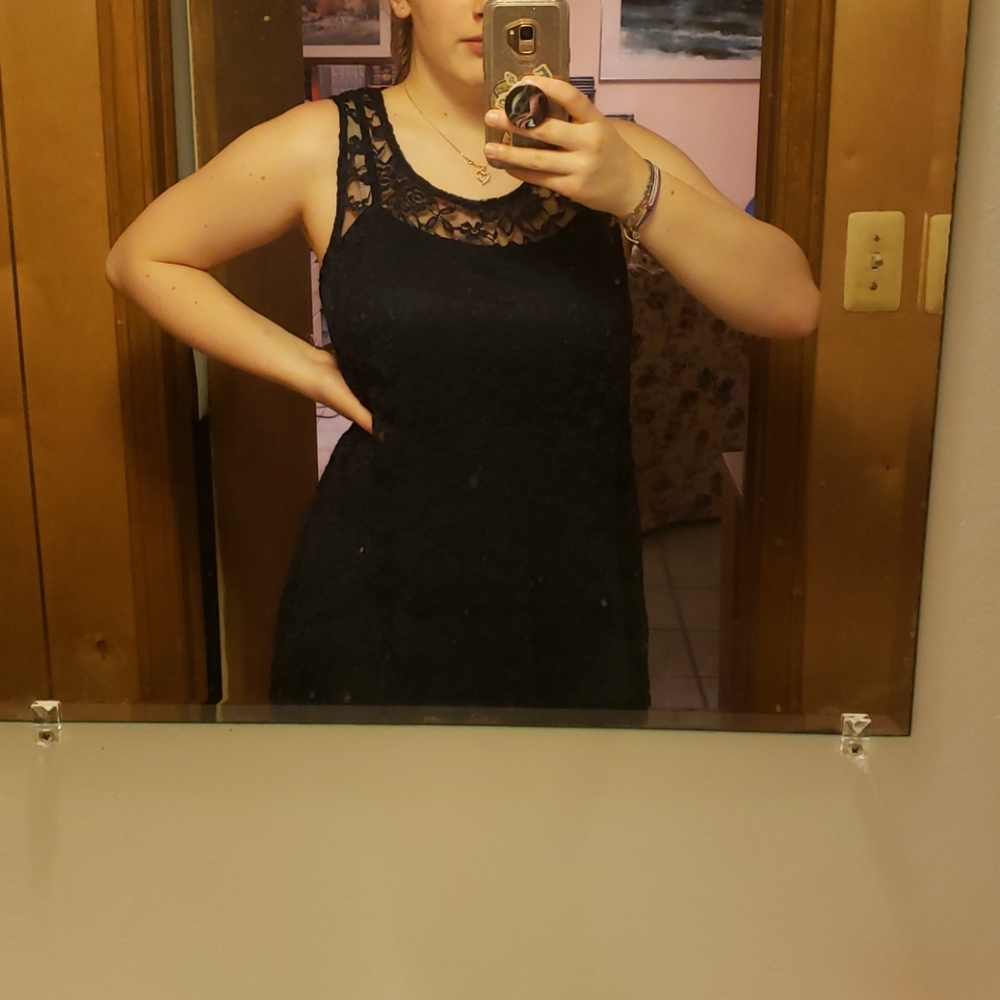 Navy Blue Flowery Lace Overlay Dress